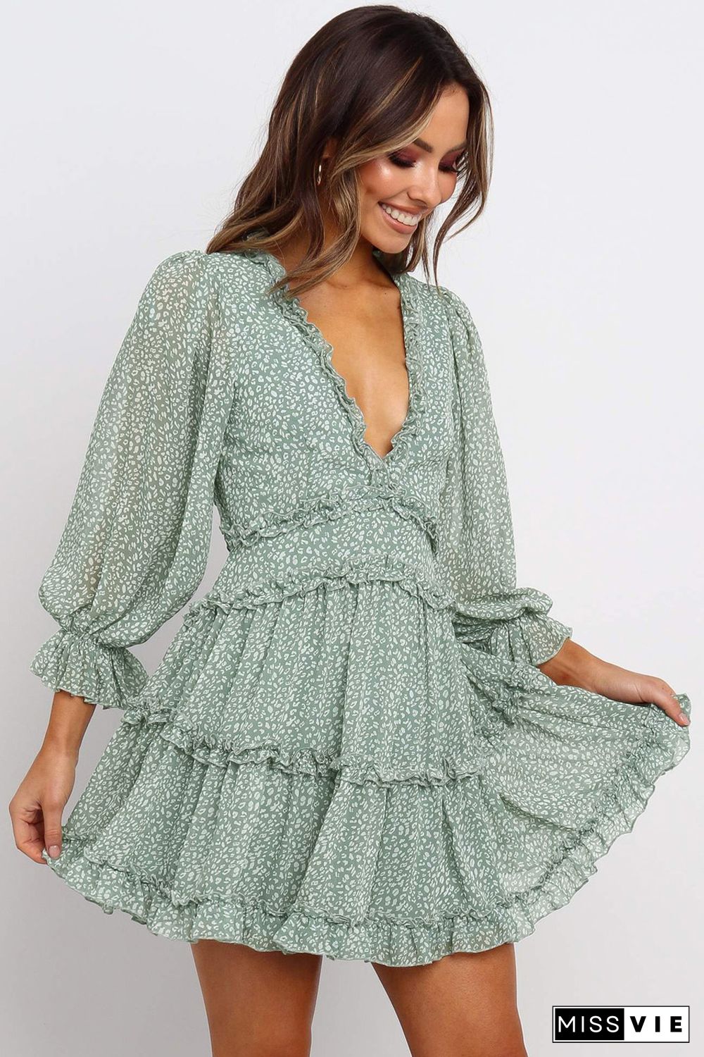 Green Ruffle Detailing Open Back Floral Dress