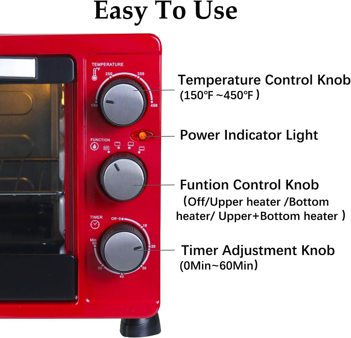 LUBY Convection Toaster Oven with Timer， Toast， Broil Settings， Includes Baking Pan， Rack and Crumb Tray， 6-Slice， Red