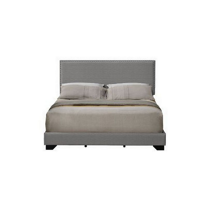 Queen Size Bed with Fabric Upholstery and Nailhead Accent， Gray