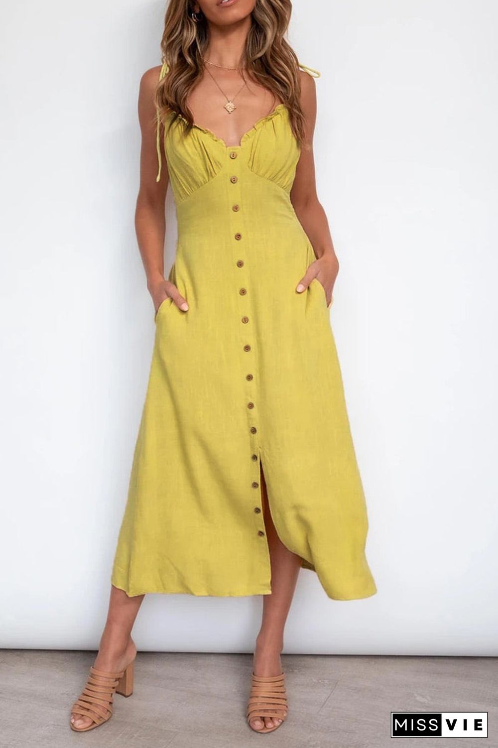 Fashion Casual Solid Split Joint V Neck A Line Dresses