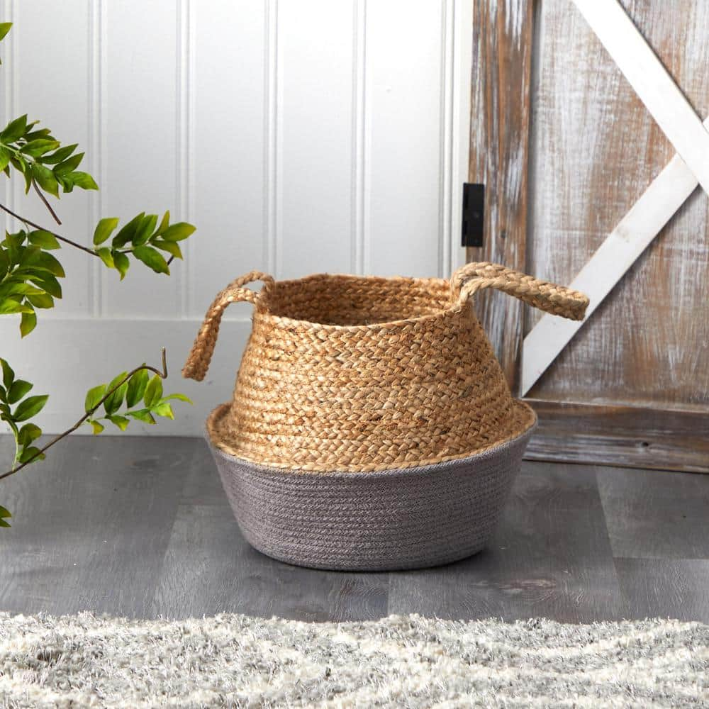 Nearly Natural 14 in. Gray Boho Chic Handmade Cotton and Jute Woven Basket Planter 0827-S1