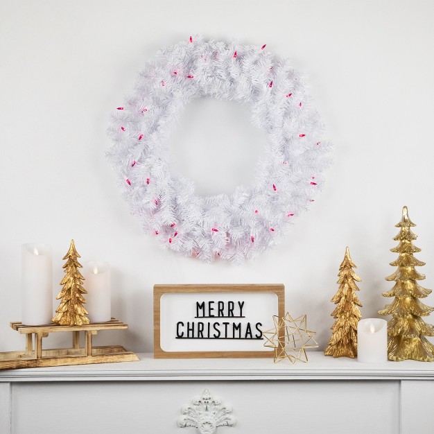 Northlight Pre lit Woodbury White Pine Artificial Christmas Wreath 24 inch Pink Lights