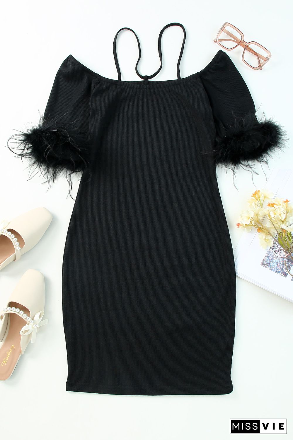 Black Ribbed Off Shoulder Feather Cuff Bodycon Dress