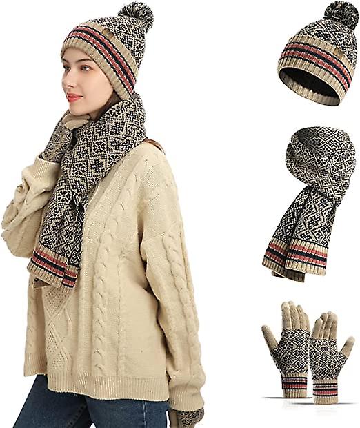 Winter Hat Scarf And Touch Screen Gloves (beige)