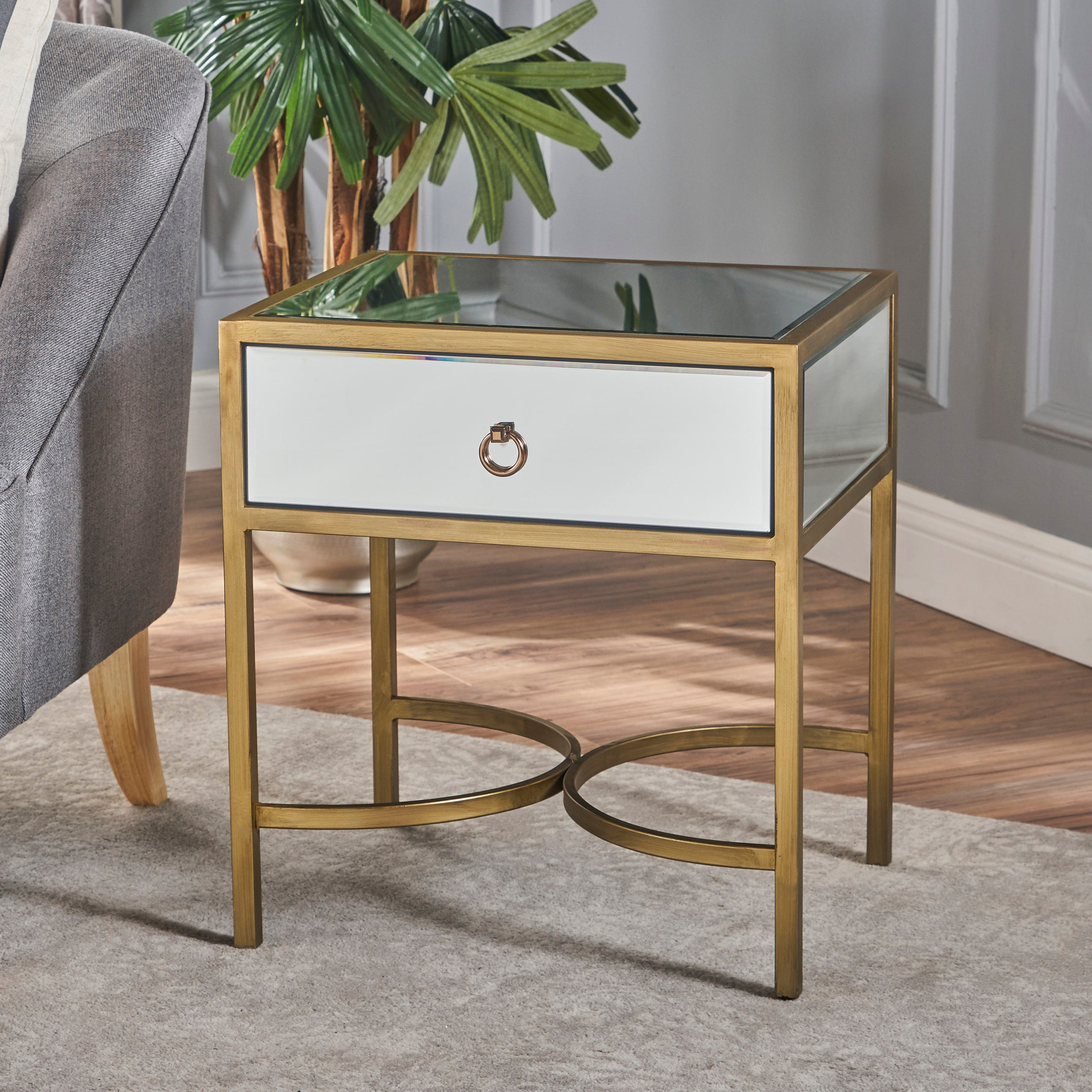 Siryen Modern Mirror Finished Side Table with Gold Iron Accents