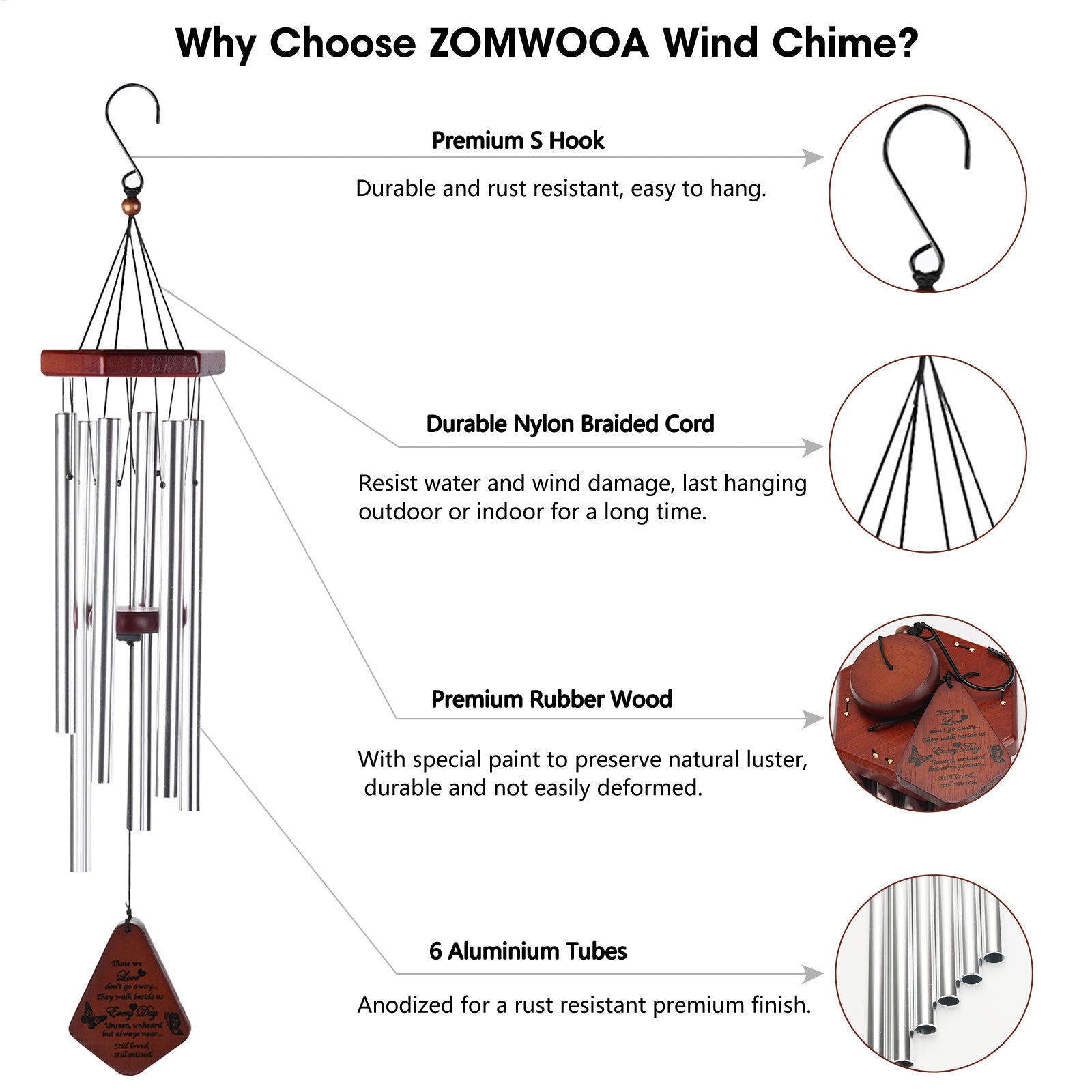 ZOMWOOA Memorial Wind Chimes Outdoor， 32 Inch Large Sympathy Wind Chimes for Loss of a Loved One， Bereavement/Memorial Gift/Sympathy Gift in Memory of Loved One Condolence Remembrance（Silver）