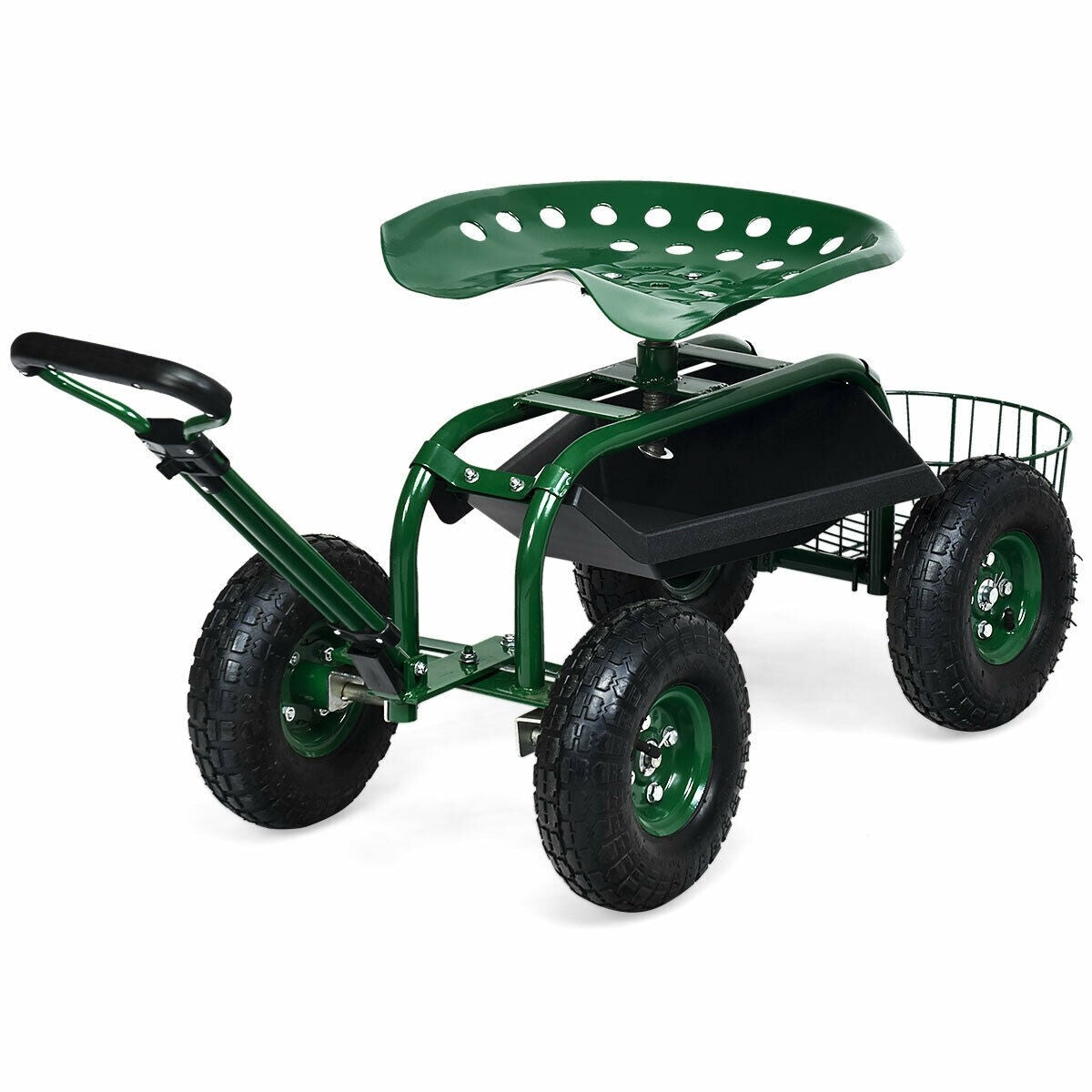 Heavy Duty Rolling Garden Cart with 360 Swivel Seat & Extendable Steer Handle