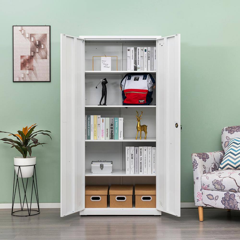 🎉Limited Time Offer🎉White Metal Storage Cabinet with 2-Doors and 4 Shelves Lockable Tall Cabinet for Home Office Garage Kitchen Pantry ZT-W25262850