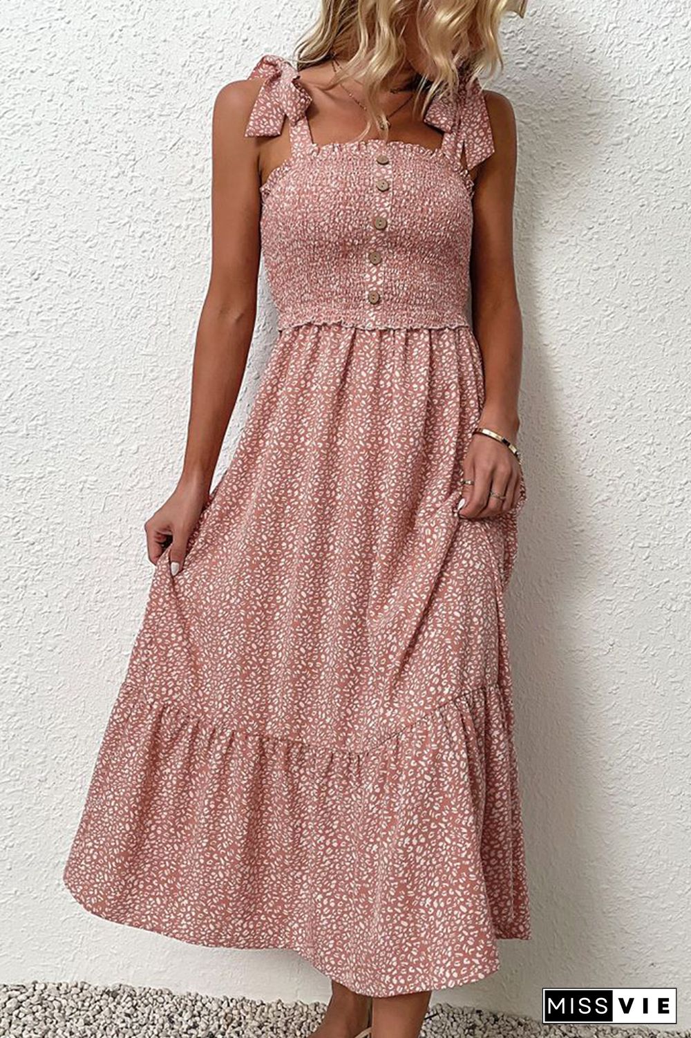 Pink Button Down Smocked Top Ruffle Floral Maxi Dress