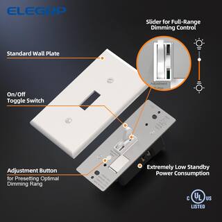 ELEGRP Toggle Dimmer Switch for Dimmable LED CFL and Incandescent Bulbs Single Pole3-Way with Wall Plate White (6-Pack) DM101S-WH6