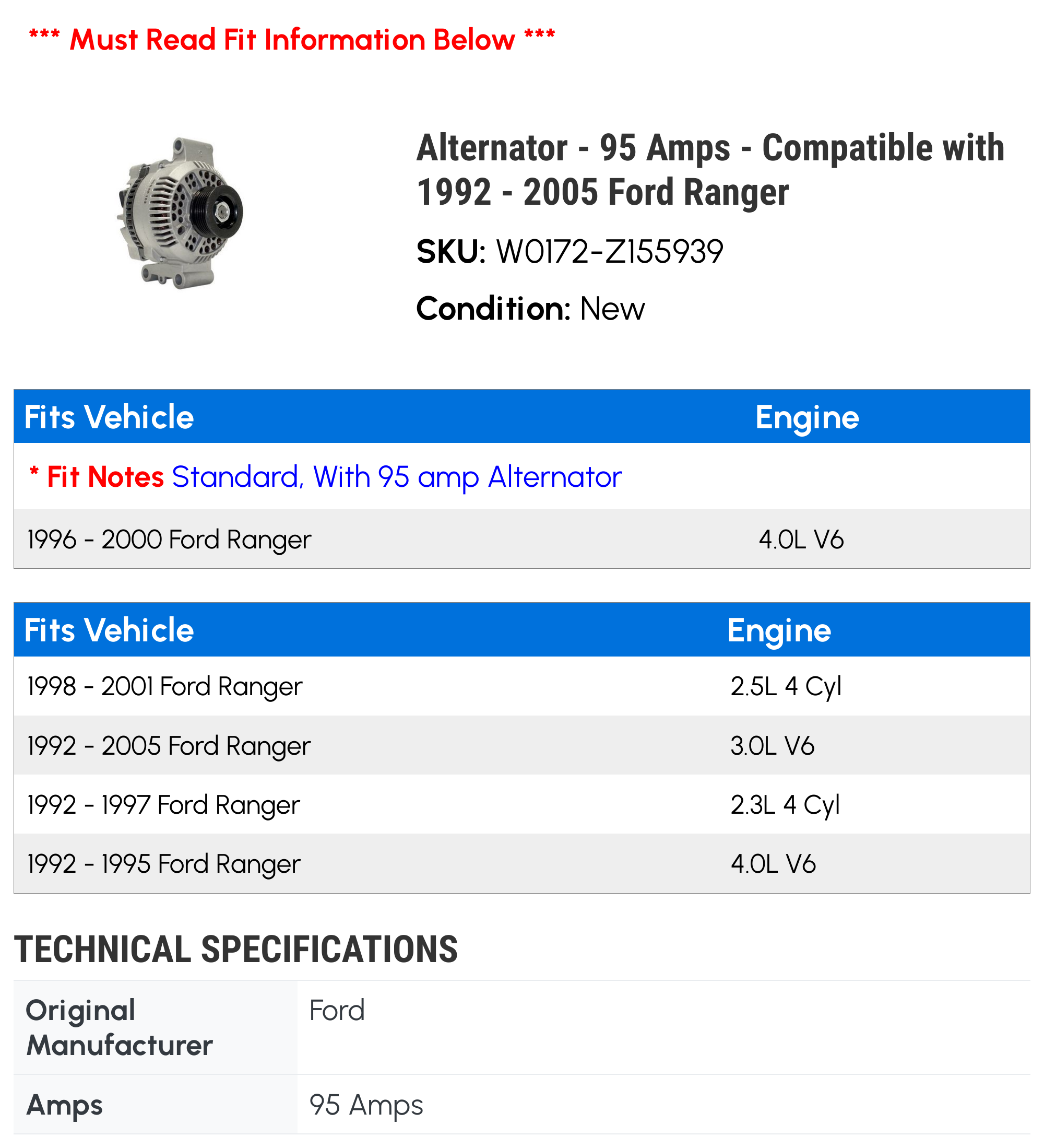 Alternator - 95 Amps - Compatible with 1992 - 2005 Ford Ranger 1993 1994 1995 1996 1997 1998 1999 2000 2001 2002 2003 2004