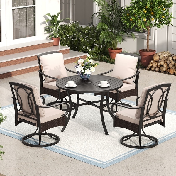 5Piece Patio Dining Set of 4 Swivel Steel Rattan Chairswith Deepseating and Back Cushions Chairs and 1 Metal Framed Table