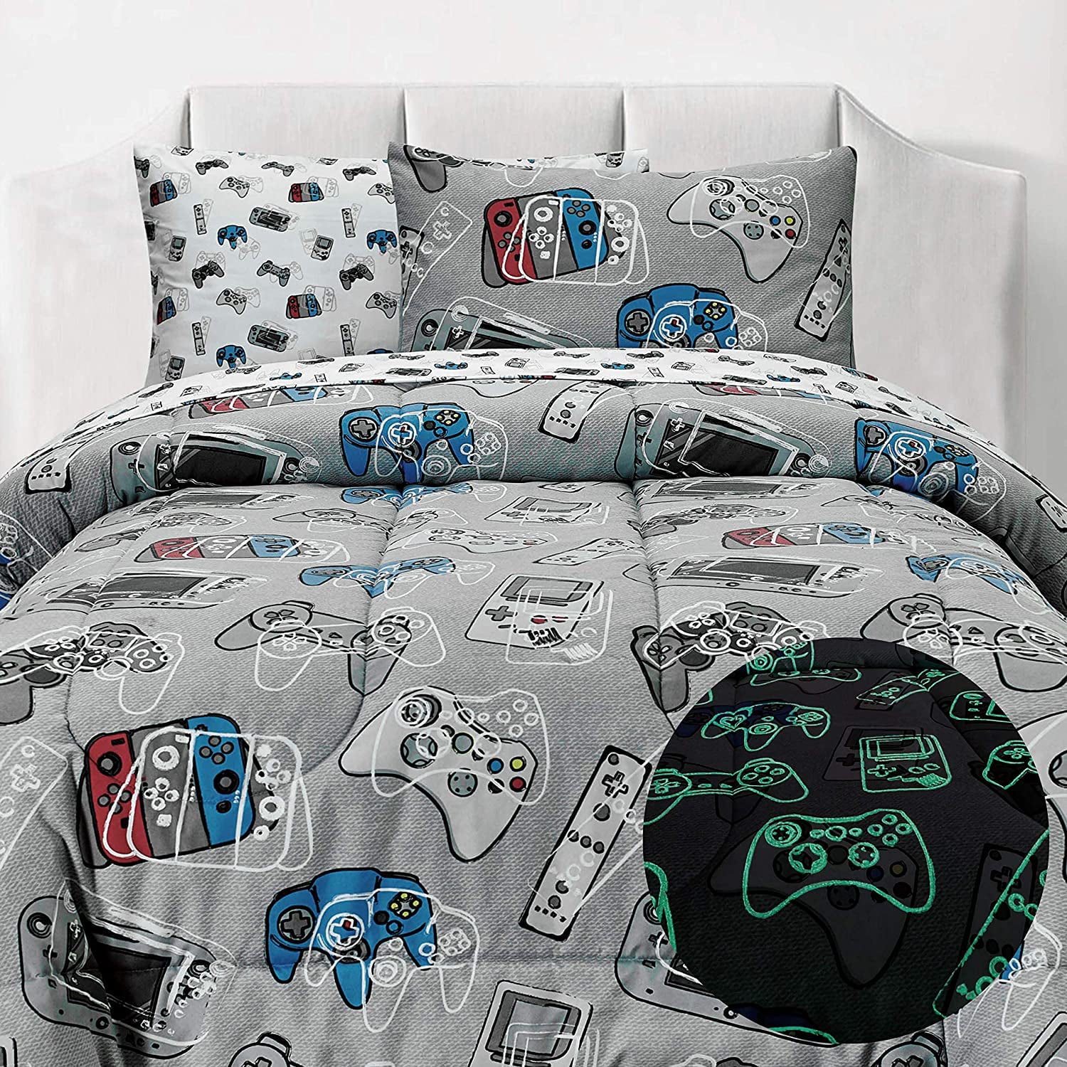 Kids Rule 5 Piece Gamer Glow in The Dark Bedding Set， Game Controllers Print， Blue， Grey - Twin