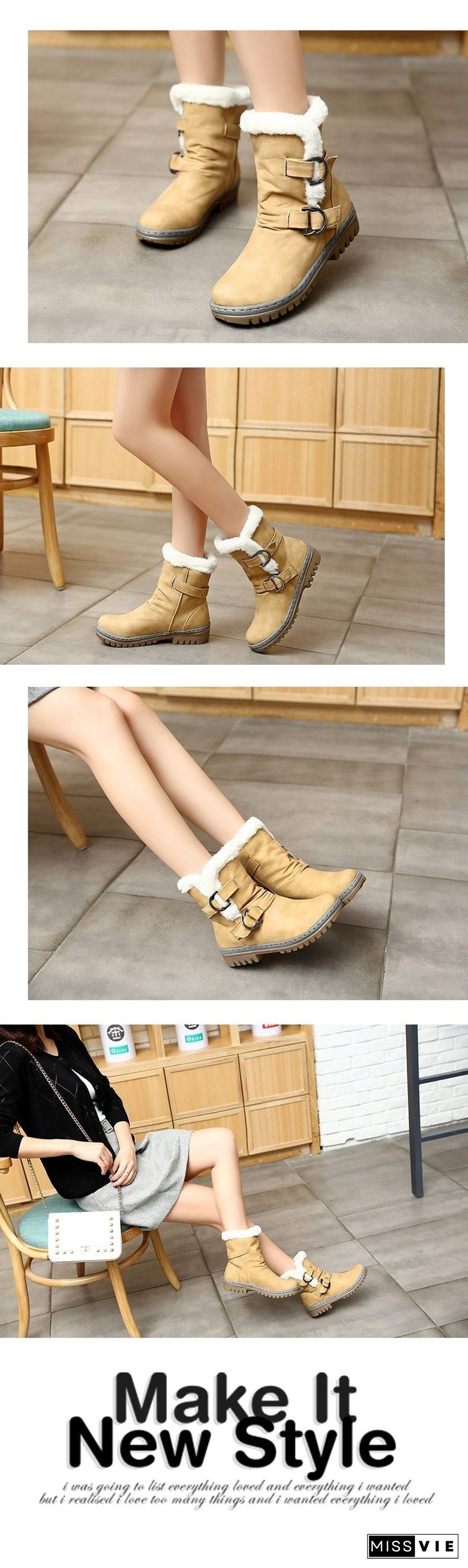 Women Leather Warm mid-calf Plush Fur Velvet Boots Booties Snow Shoes