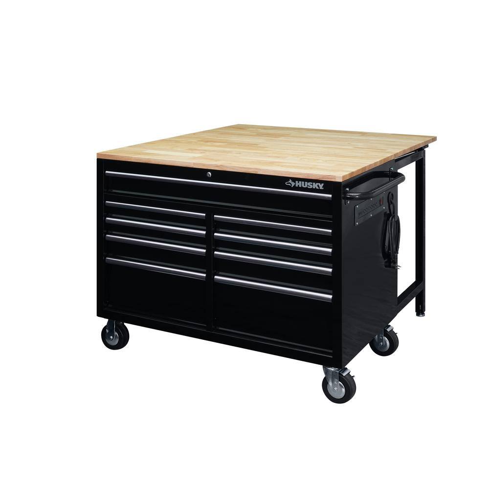 Husky 46 in.W x 51 in. D Standard Duty 9-Drawer Mobile Workbench with Solid Top Full Length Extension Table in Black HOTC4609B15M