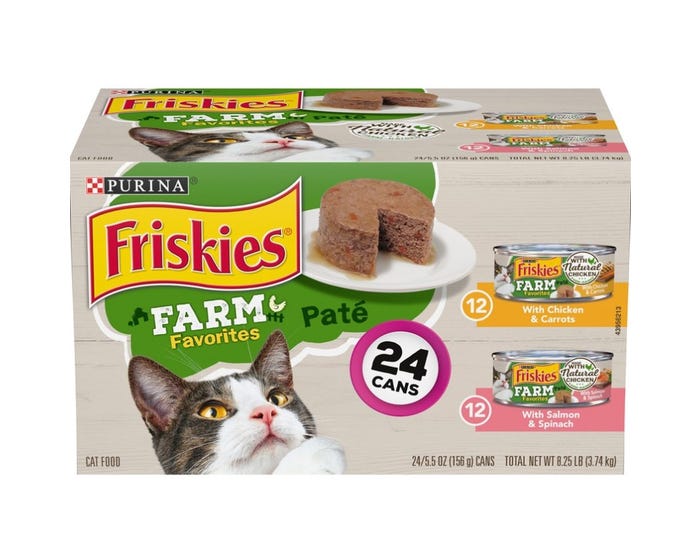 Purina Friskies Farm Favorites Pate Variety Pack with Chicken  Carrots and Salmon  Spinach， (24) 5.5 oz. Cans