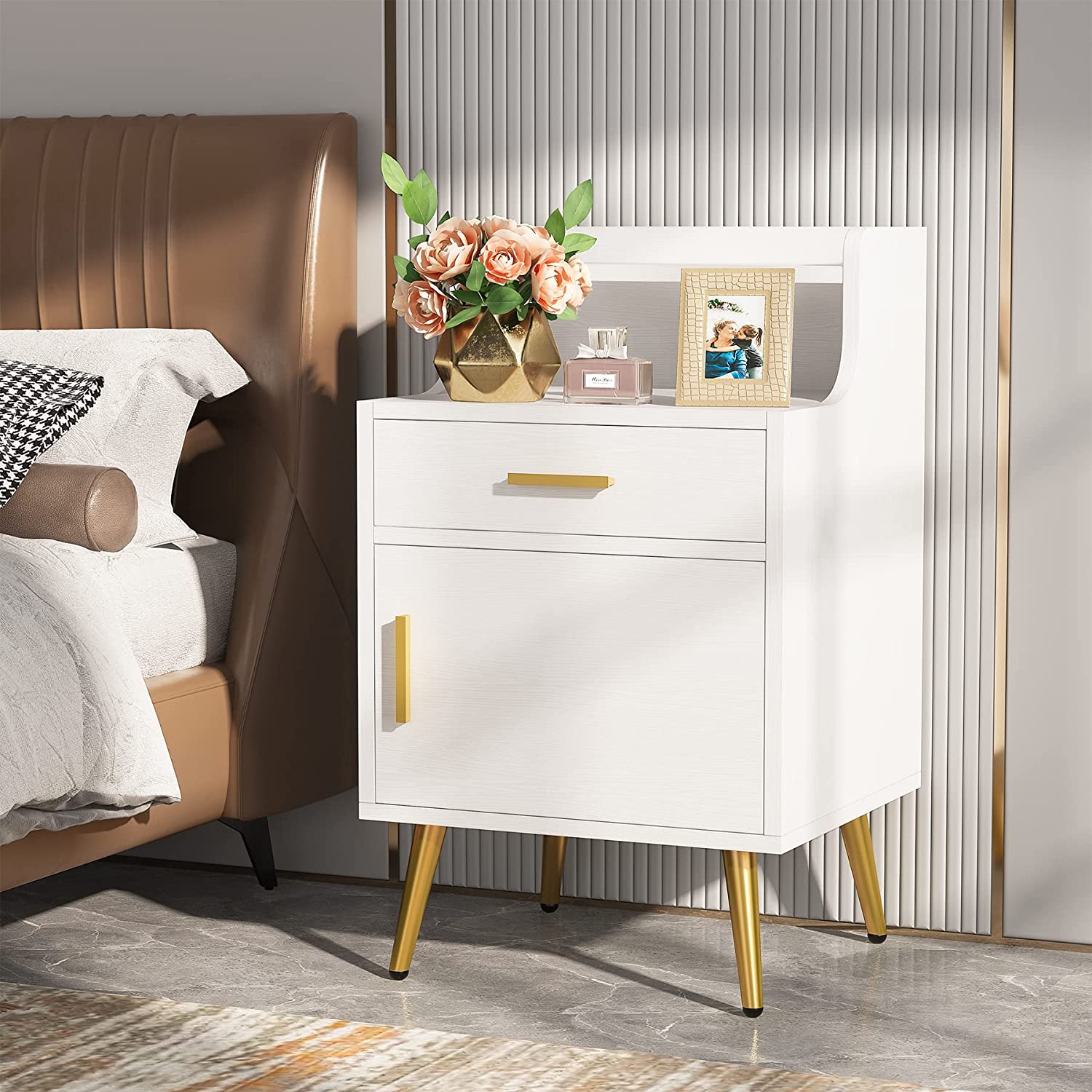 Tribesigns Modern Nightstand with Door Cabinet, Set of 2 Bedside Sofa Table with Drawer, White & Gold