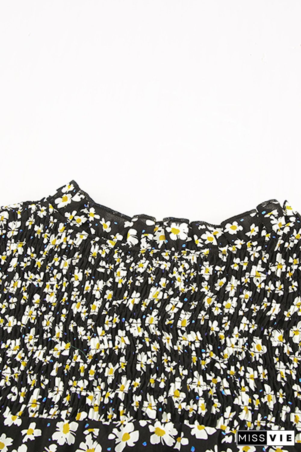 Black Floral Print Smocked Ruffled V Neck T-shirt