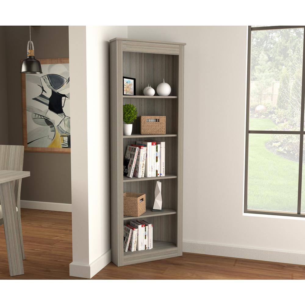 70.9 in. Smoke Oak Wood 5-shelf Corner Bookcase BE-12804