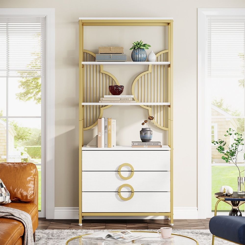 White Gold Bookshelf Bookcase with 3 Drawers 71 Inches Tall Bookshelf