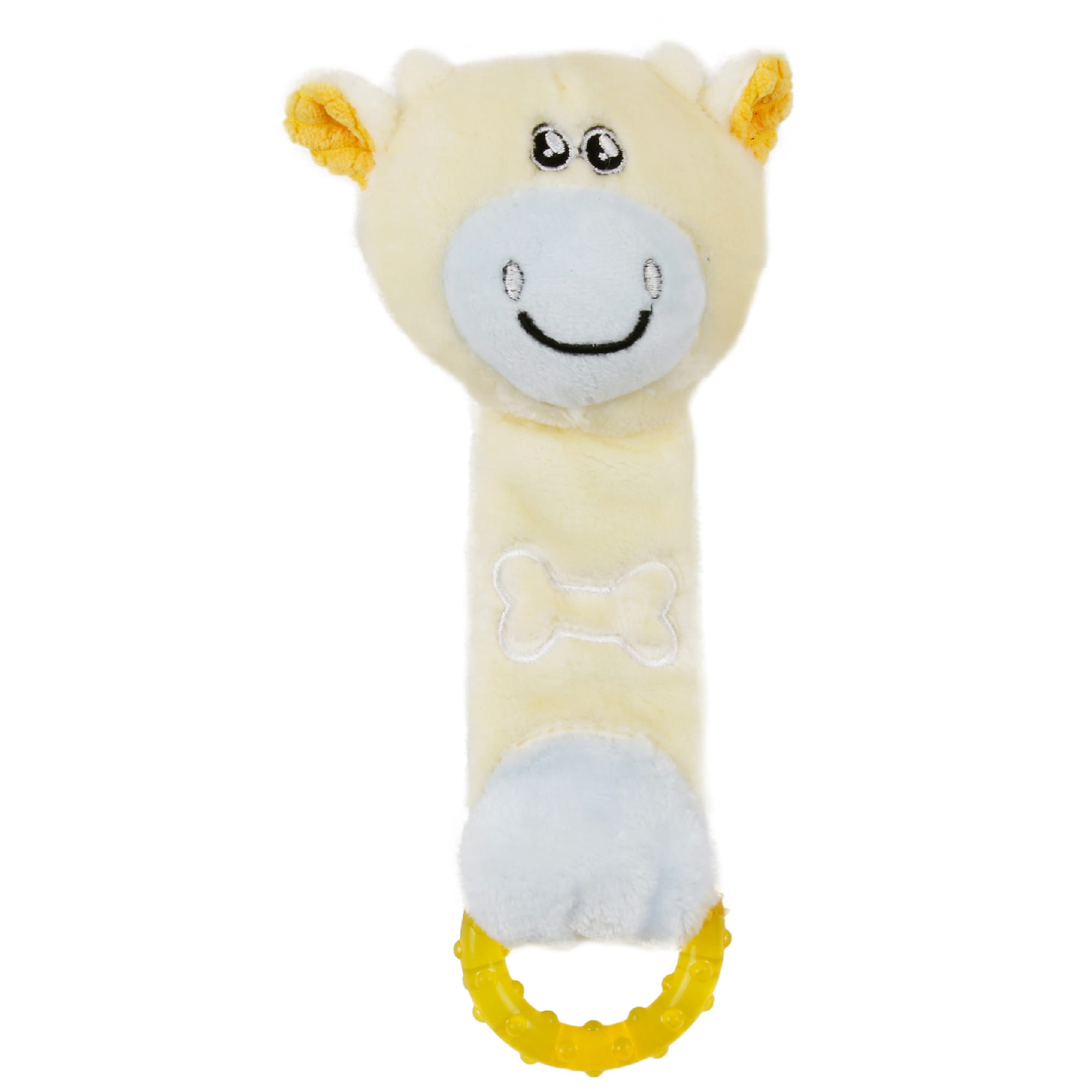 Pet Life Yellow Moo-Born Plush Squeaky and Crinkle Newborn Rubber Teething Cat and Dog Toy， Small