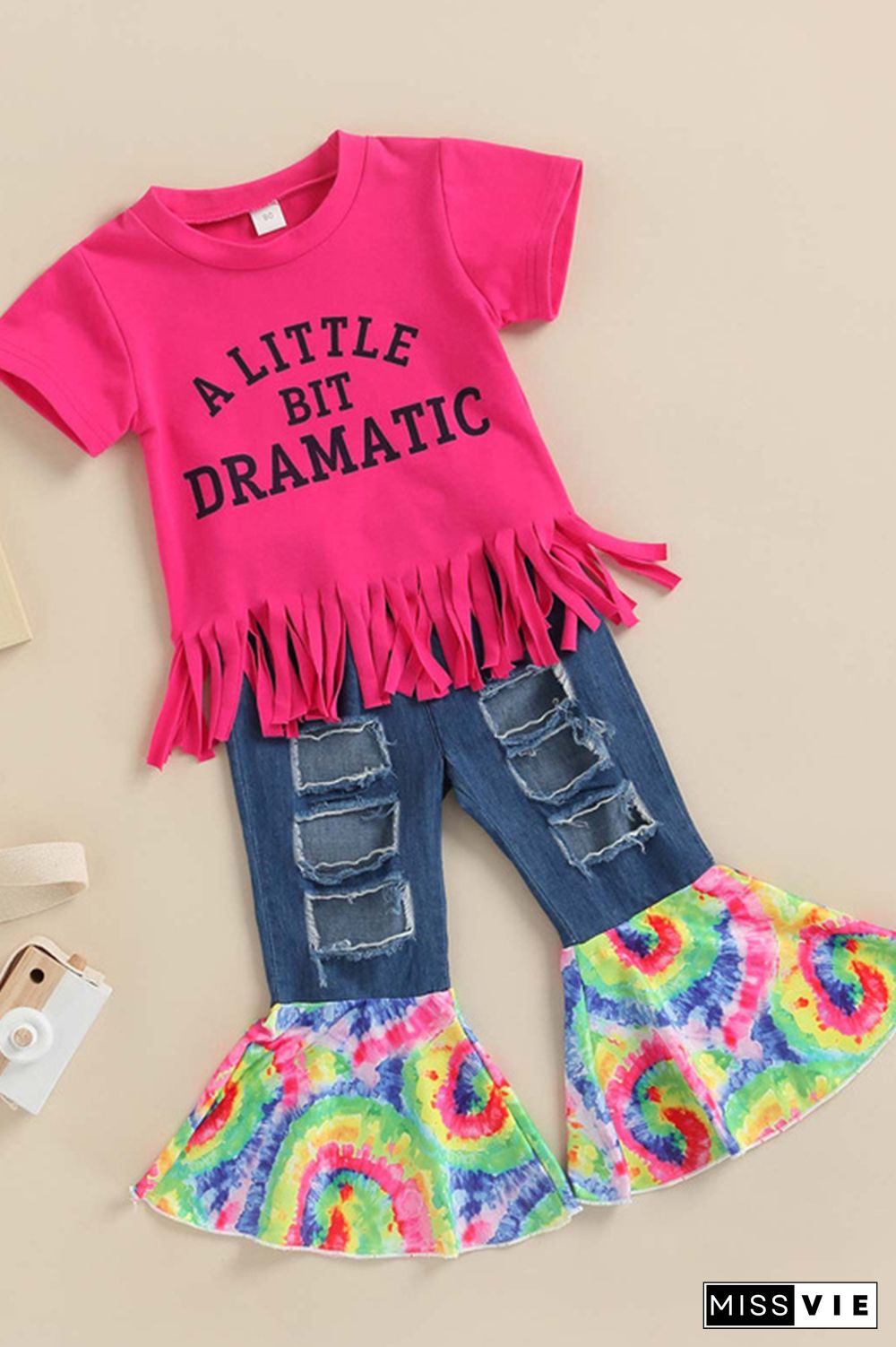 Tassel Top & Tie Dye Denim Flare Pants 2PCS Set Wholesale