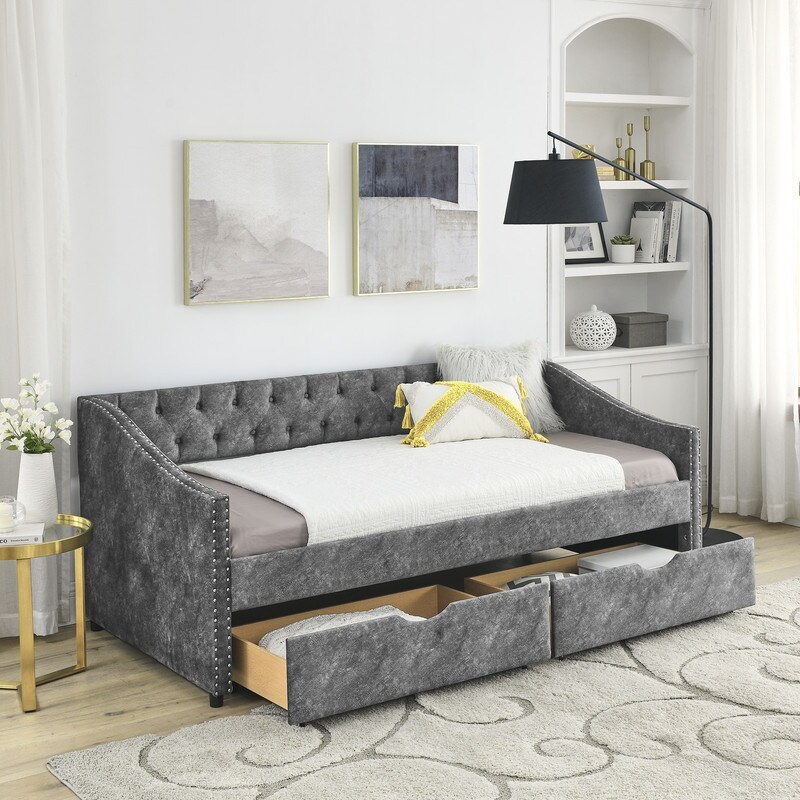 Twin Size Upholstered Tufted Sofa Bed Daybed with 2 Drawers