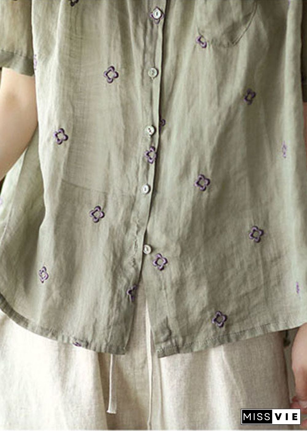 Vintage Grey Green Embroideried Linen Shirt Top Short Sleeve