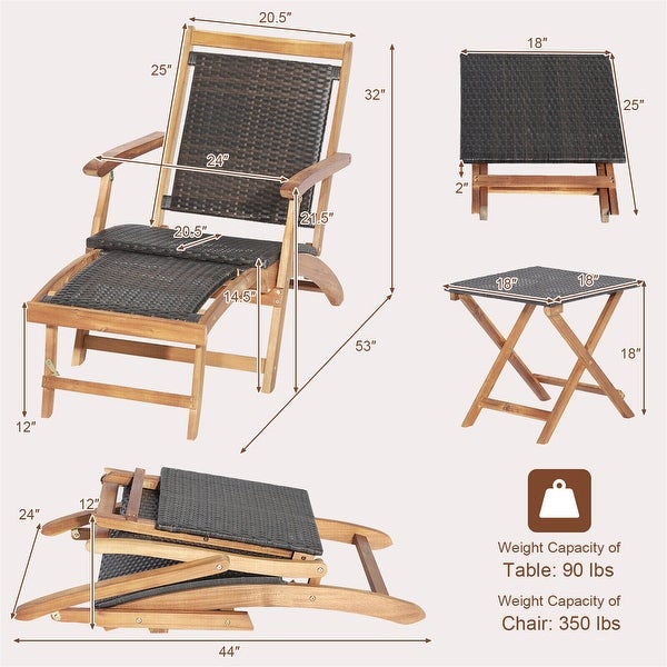 2-Piece Patio Rattan Folding Lounge Chair with Acacia Wood Table