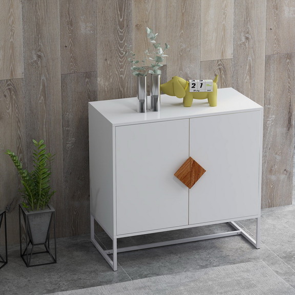 Solid Wood Square Shape Handle 2 Doors Sideboard W...