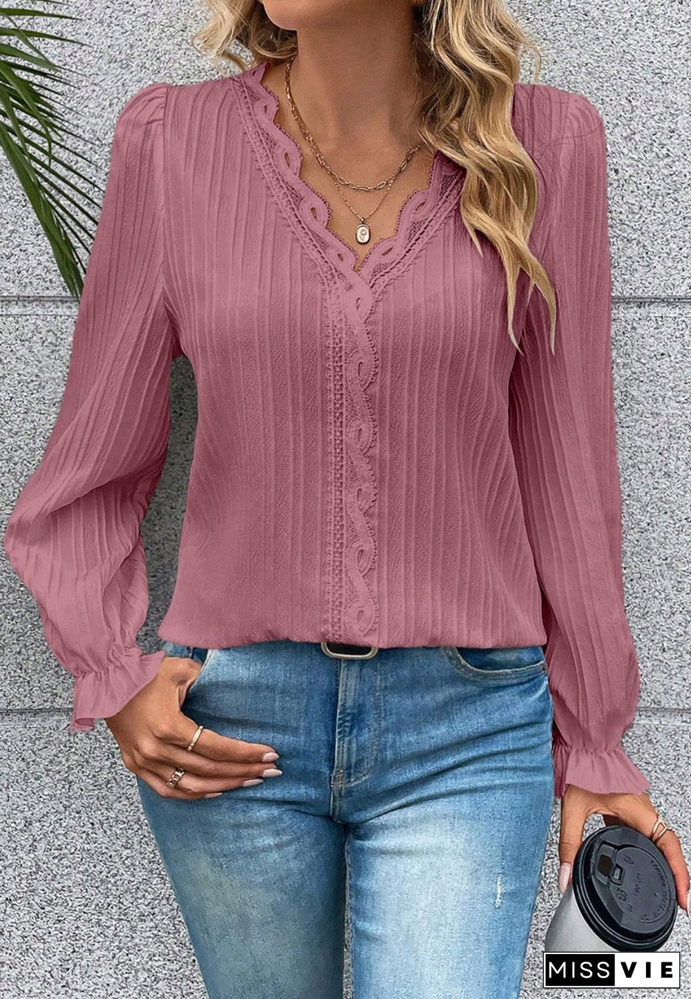 Crochet Lace Trim Textured Blouse