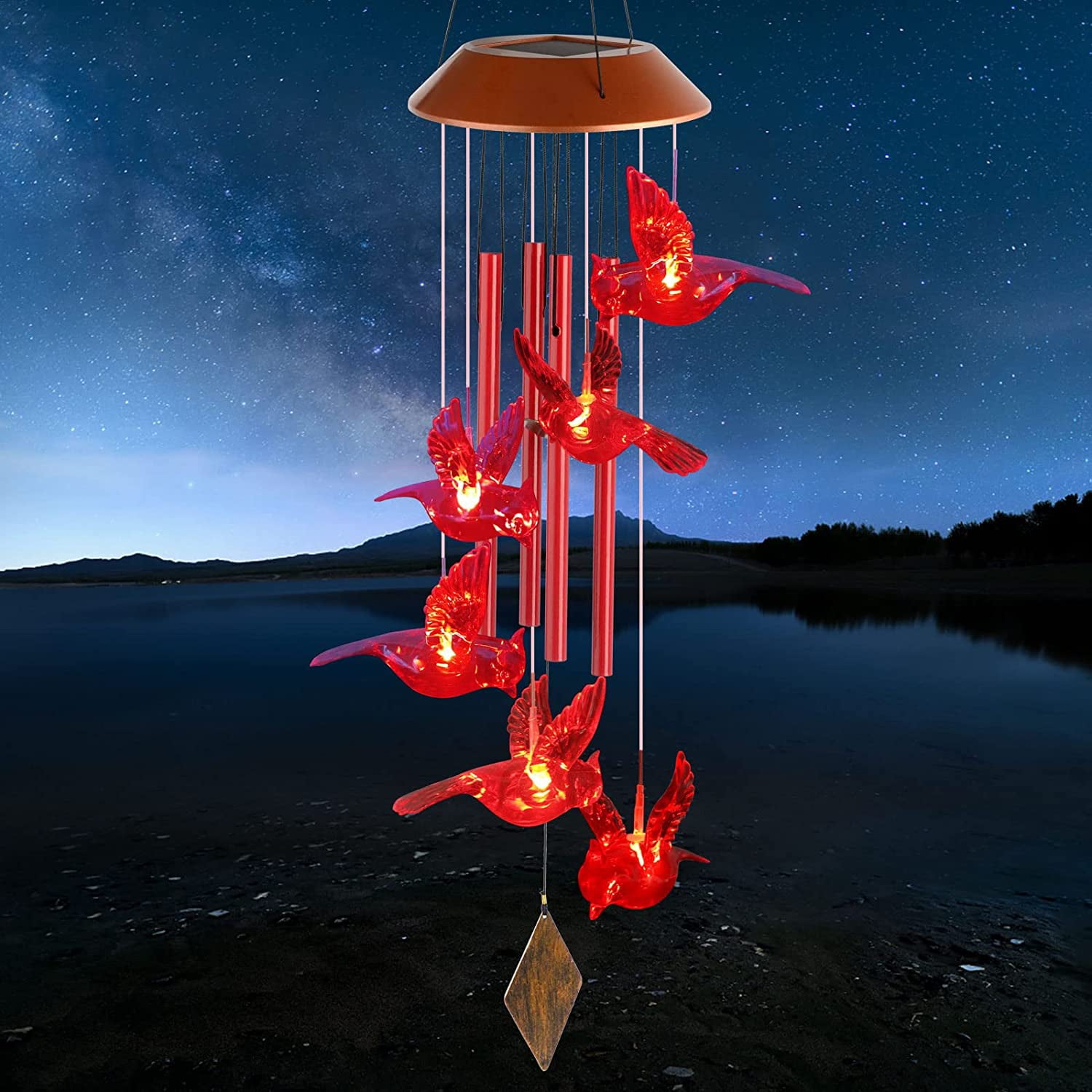 Kyoryuger Solar Cardinal hanging Wind Chimes， Solar Powered Cardinal LED Light，for Outdoor Indoor decor(Red Cardinal）