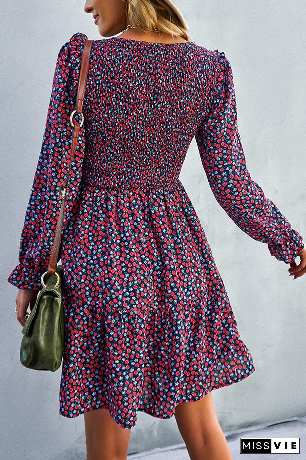 Smocked Puffy Long Sleeves Floral Dress