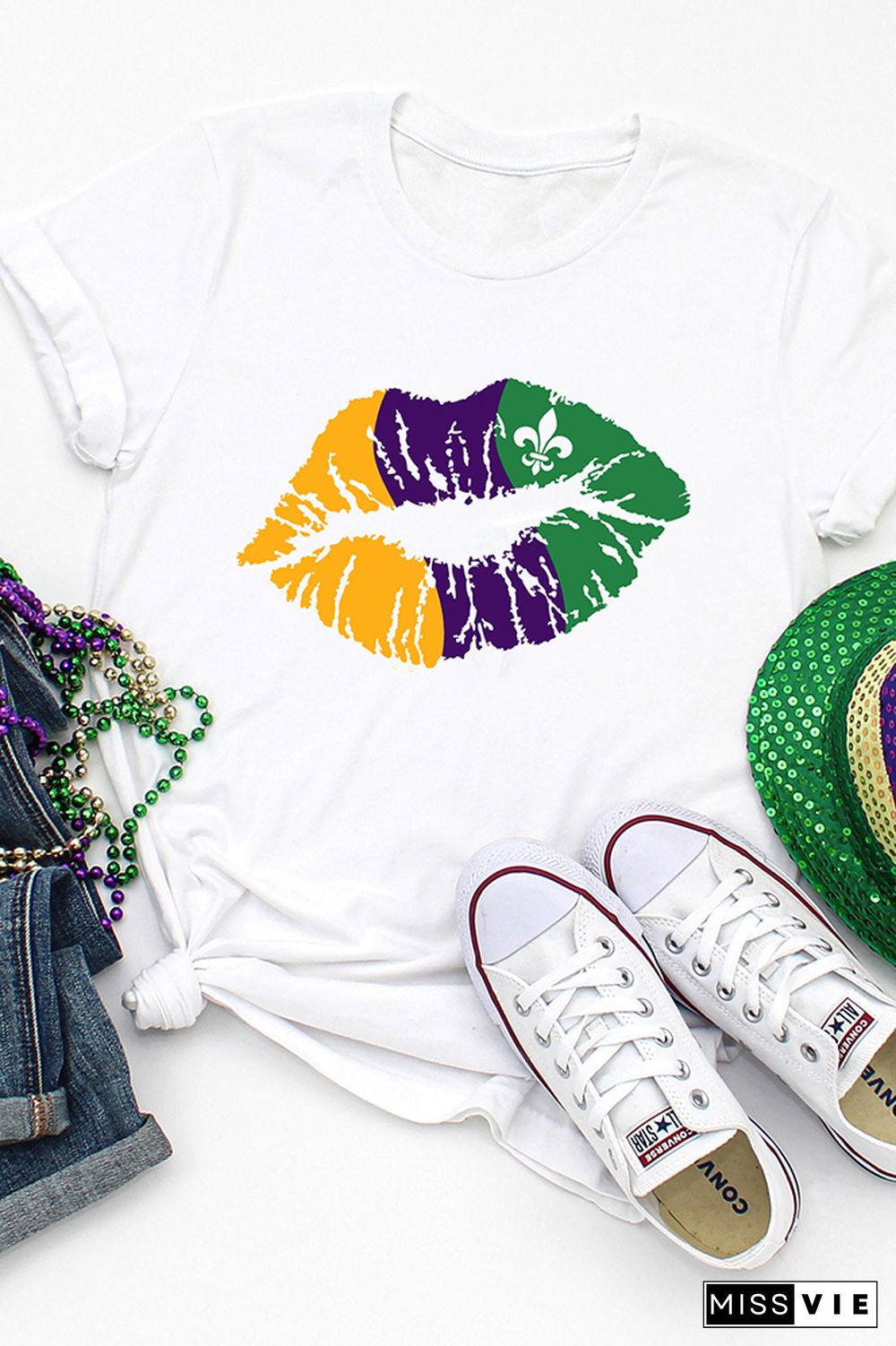 Mardi Gras Lip Short Sleeve Graphic Tee Wholesale