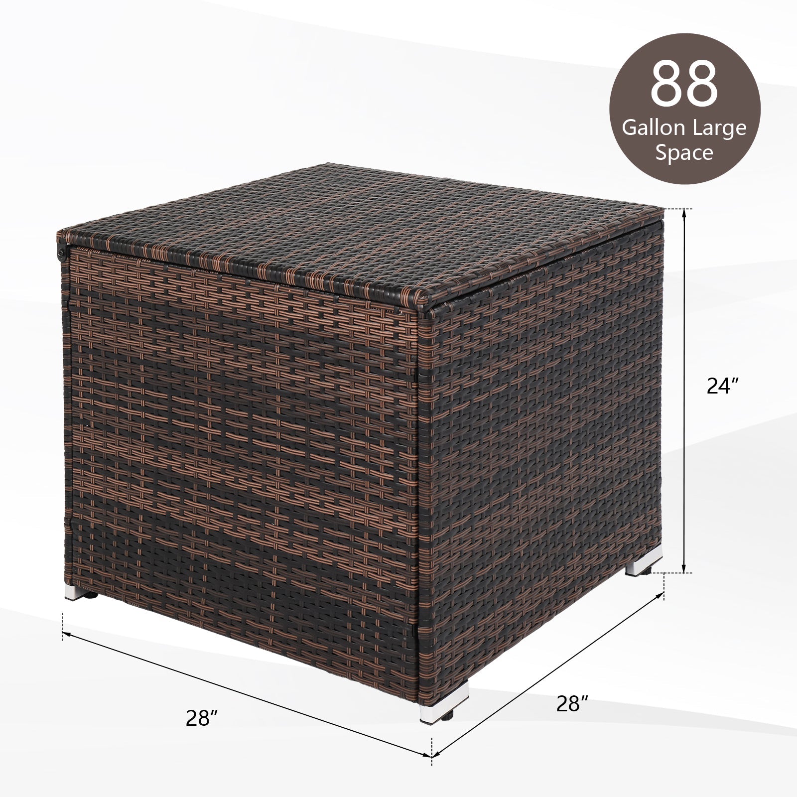 VINGLI 88 gallon Outdoor Square Rattan Deck Box w/ Adjustable Feet, Brown