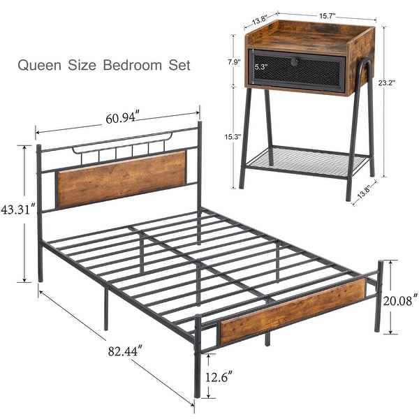 Industrial 3 piece Queen Bedroom Set Bed Frame and Nightstand set of 2， Vintage Brown - - 36583879