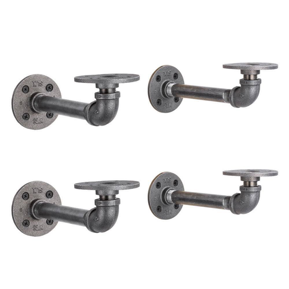 PIPE DECOR 12 in. Black Pipe 7.75 in D x 2.5 in. H Wall Mounted Double Flange Shelf Bracket Kit (4-Pack) 365 PD12X6MBRKT