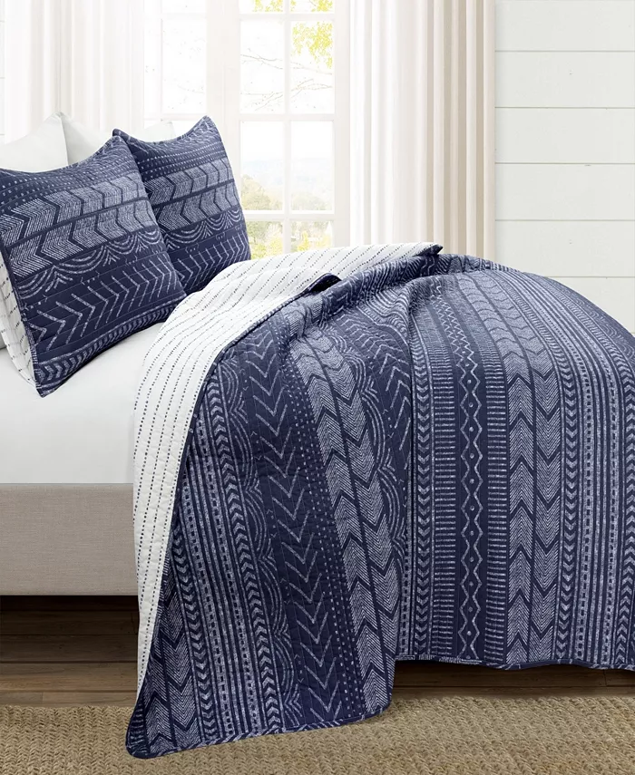 Lush Dandeacute;cor Hygge Geo Cotton Reversible Oversized 3-Piece Quilt Set， Full Queen