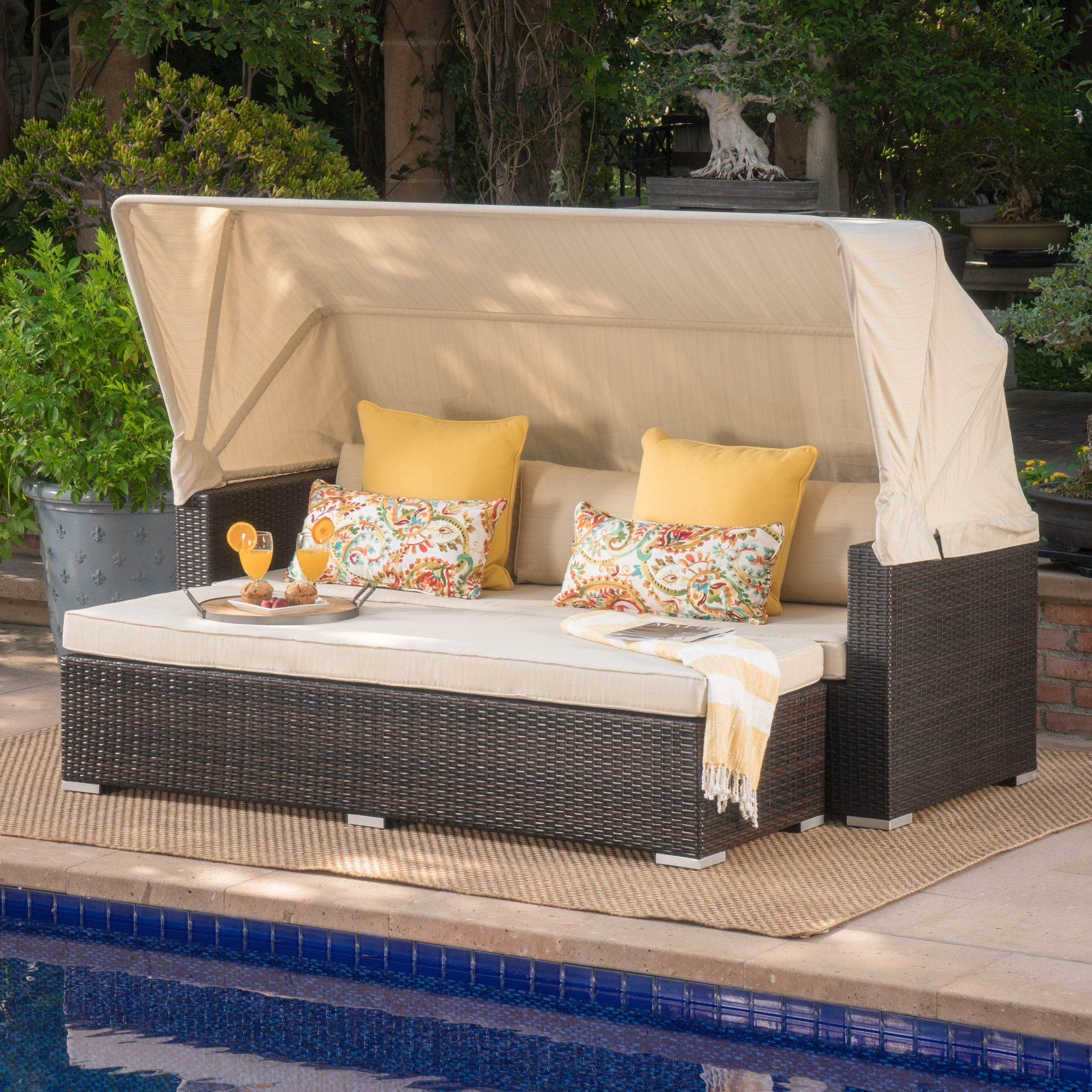 Grayson Outdoor Aluminum Framed Wicker Sofa with Water Resistant Canopy