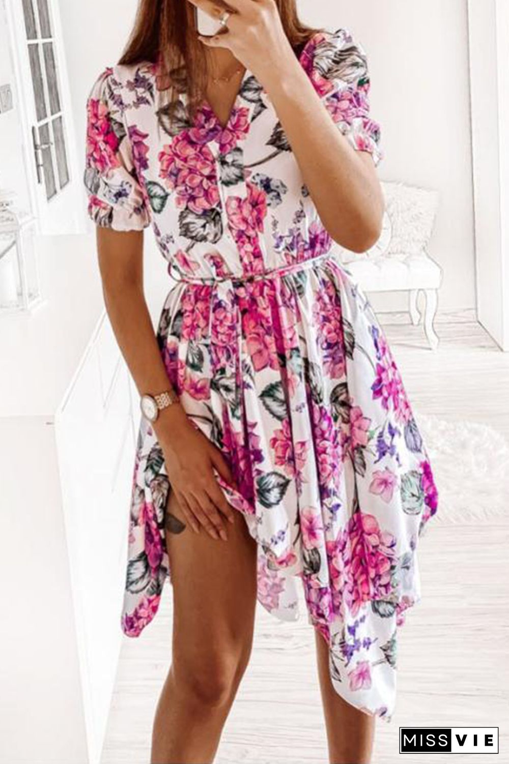 Fashion Elegant Floral Frenulum V Neck Irregular Dresses(3 Colors)