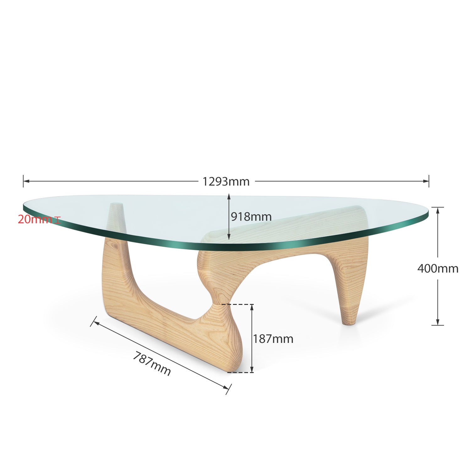 1inchome Triangle Glass Coffee Table with 0.8 inches Thick Tempered Glass, Solid Wood Base Table, Natural Wood