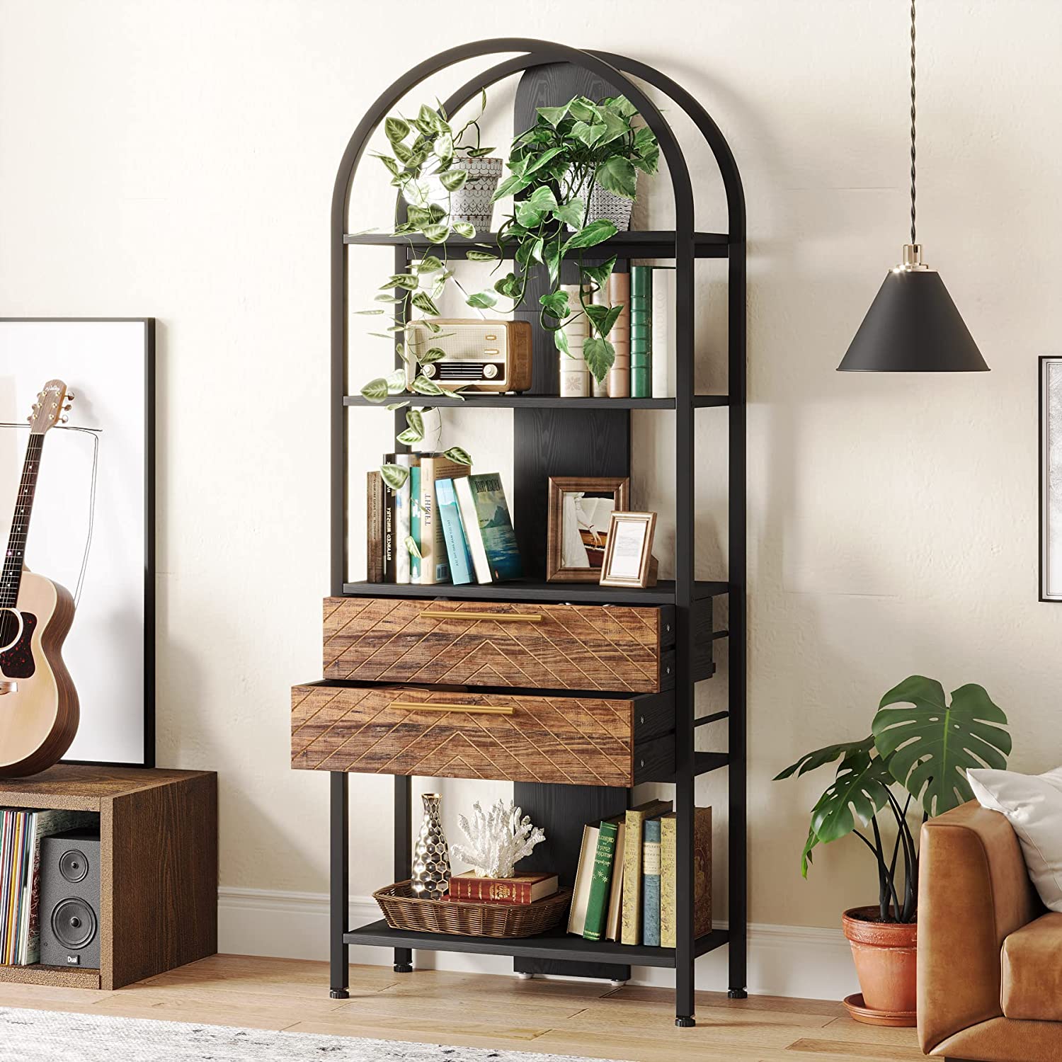 4-Tier Bookshelf, Industrial Bookcase with 2 Drawers & LED Light