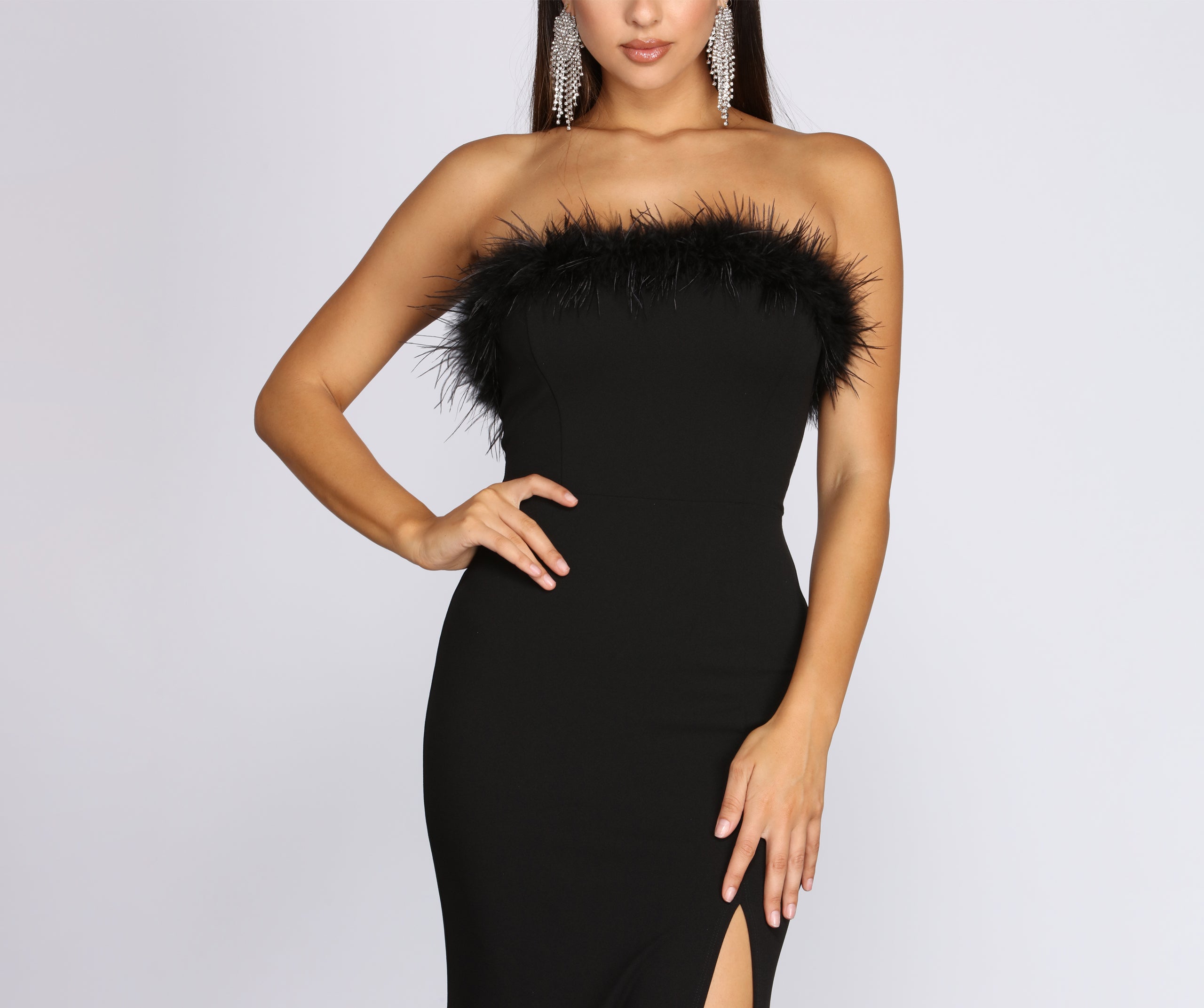 Oksana Marabou Trim Formal Crepe Dress