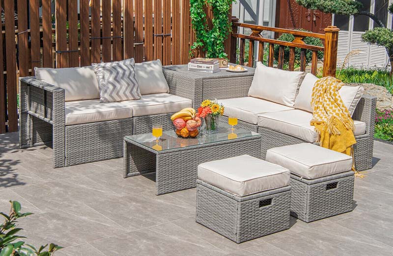 8 Pcs Rattan Patio Sectional Furniture Set Wicker Outdoor Cushioned Sofa Set with Storage Box & Waterproof Cover