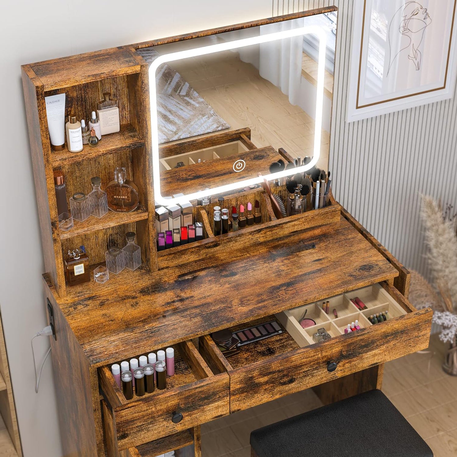 Vanity Desk with Drop Leaf, Power Outlet, LED Lighted Mirror and Storage Stool