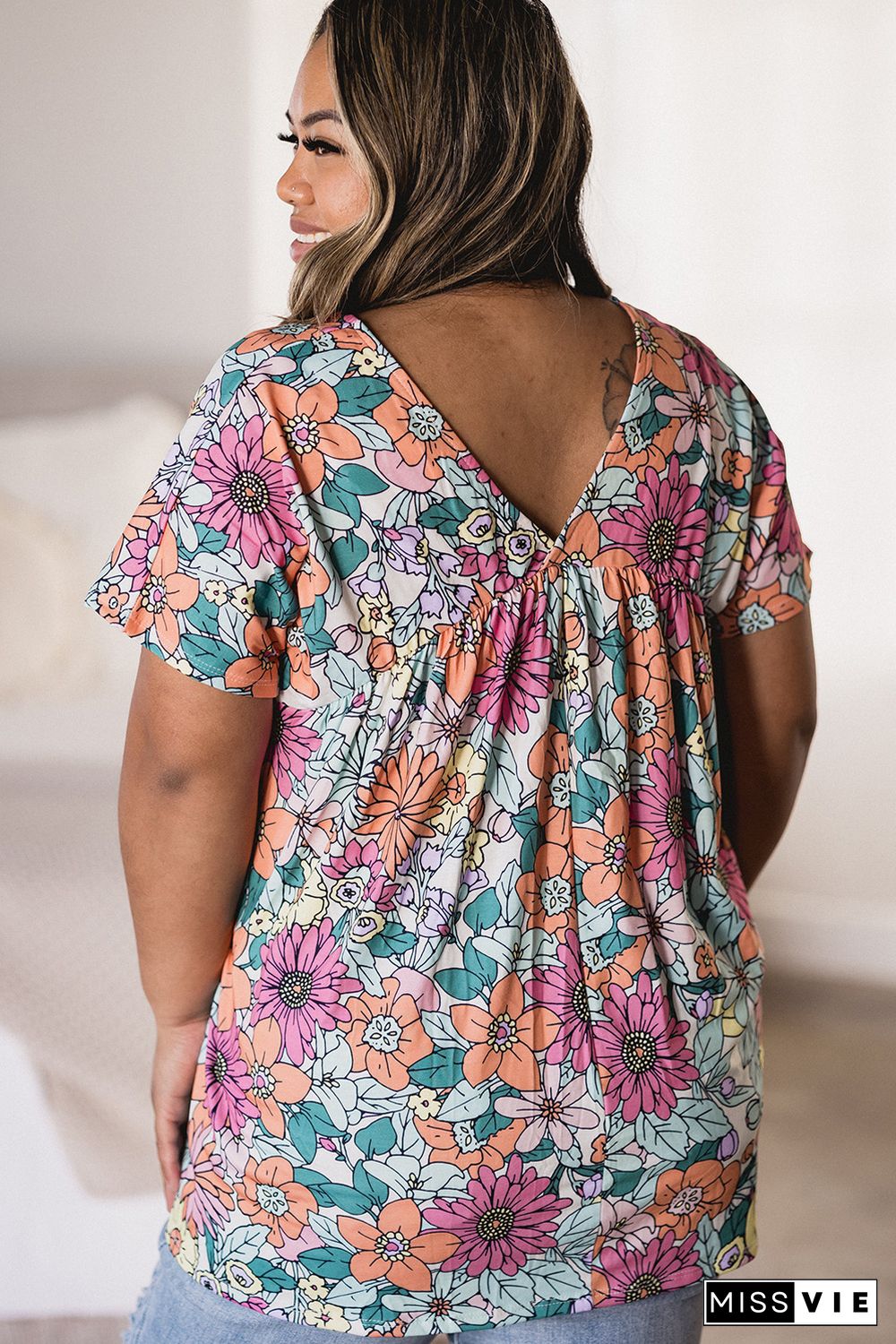 Multicolor Plus Size Summer Floral Print V Neck Blouse