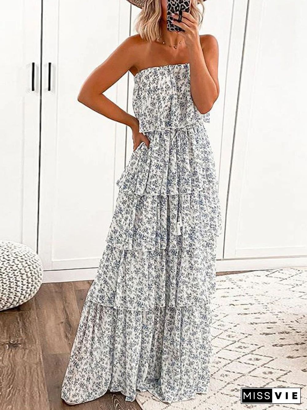 Elegant Bandeau Floral Maxi Dress P11324