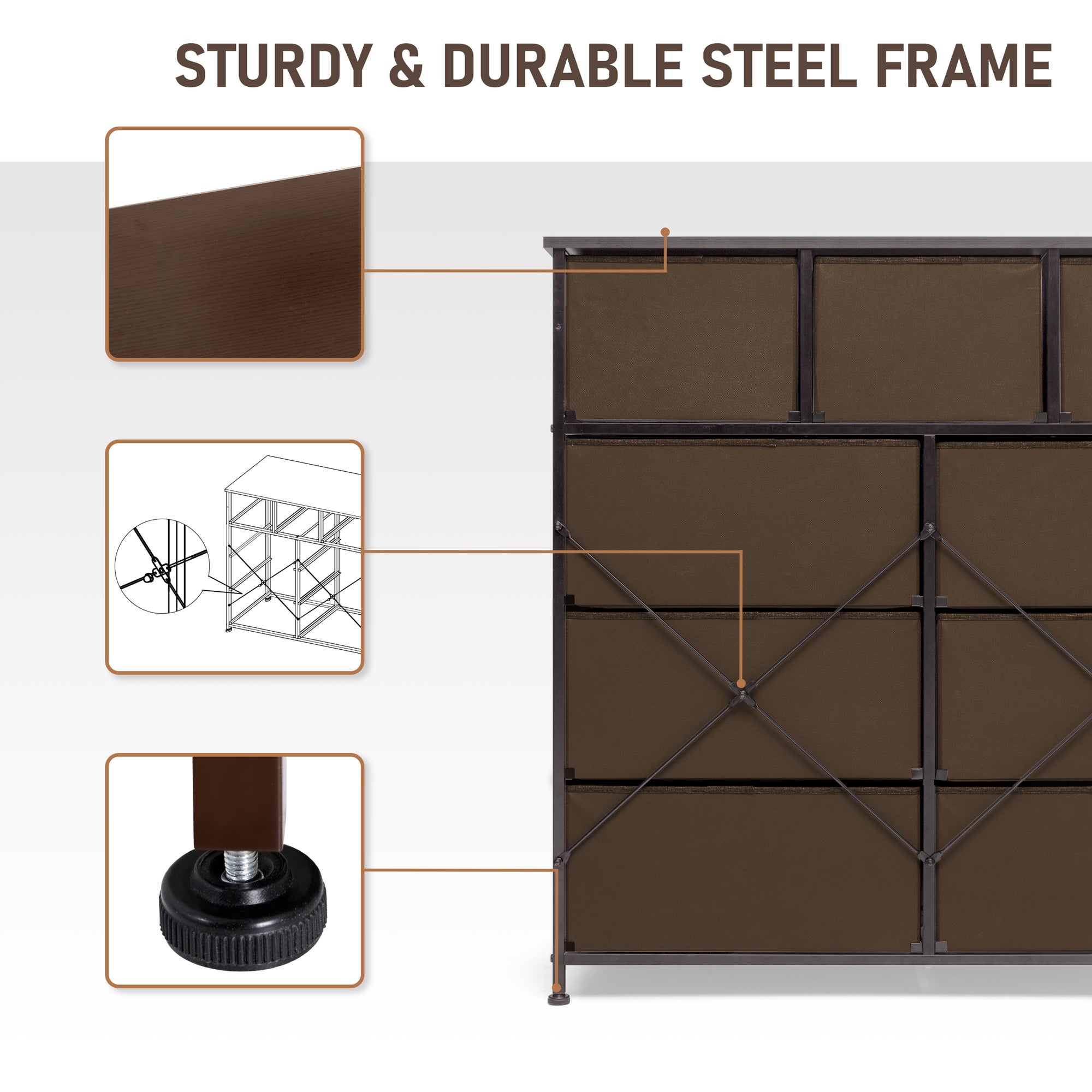 Vredhom Brown 9 Drawers Fabric Wide Closet Dresser Chest