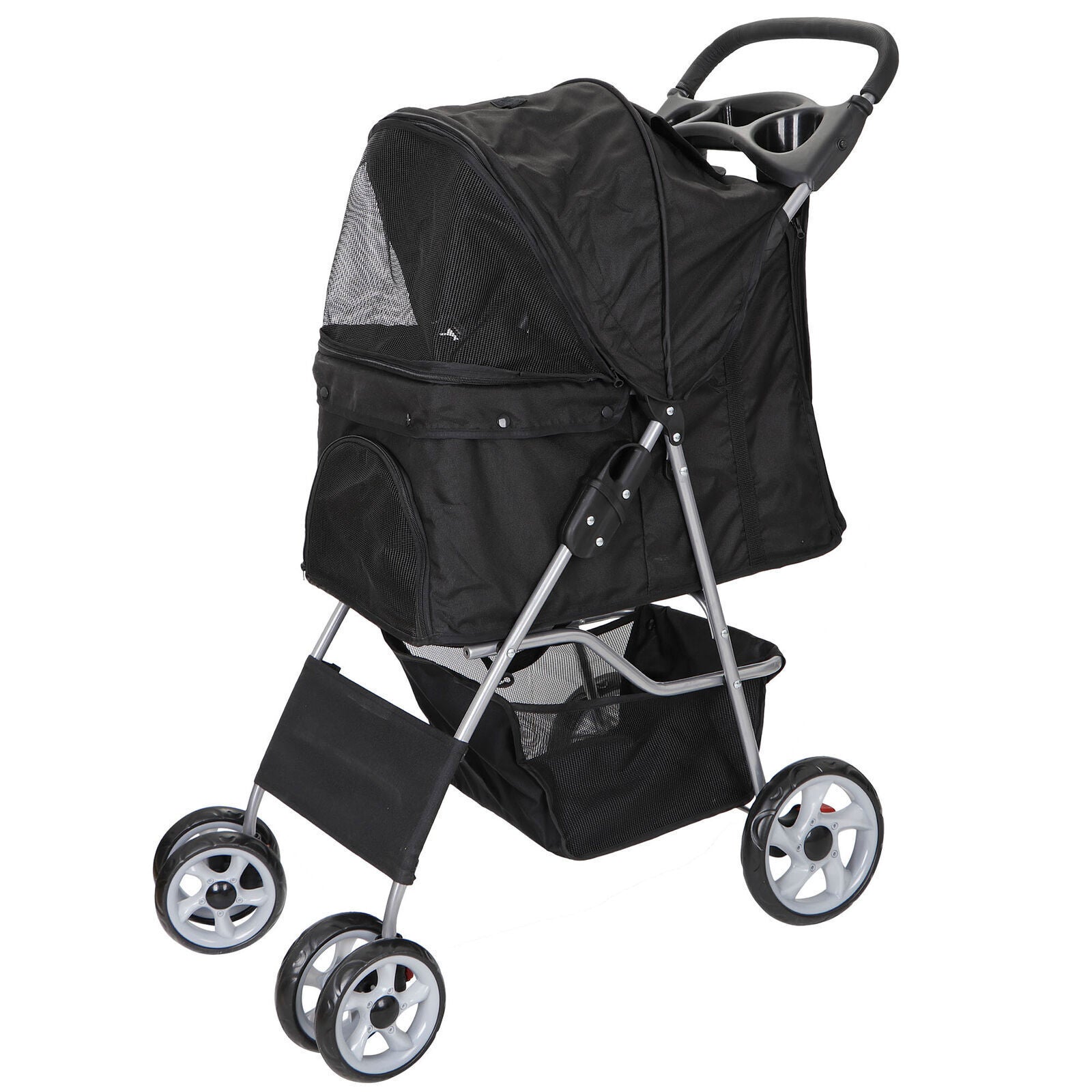 Pet Dog Stroller Foldable Carrier Cart 4 Wheels W/Storage Basket and Cup Holder