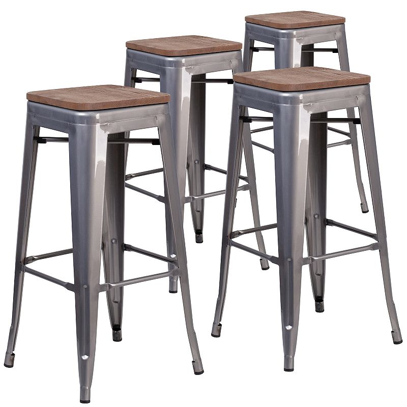 Merrick Lane Set of 4 Hamburg 30 Inch Tall Clear Coated Metal Bar Counter Stool With Textured Elm Wood Seat